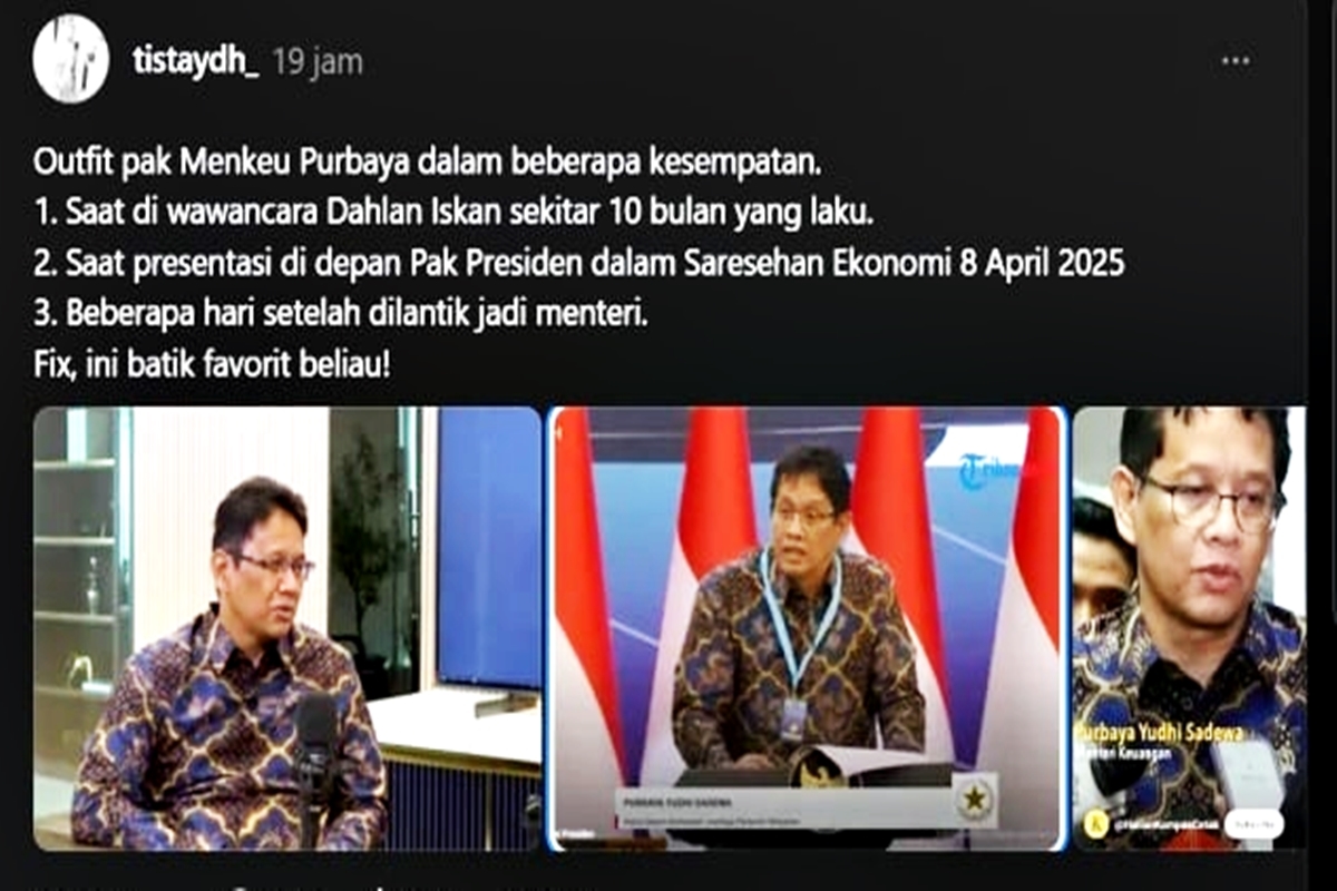 Banyak Netizen Bingung: Mengapa Menteri Keuangan Purbaya Selalu Pakai Batik yang Sama? Ini Makna Tersembunyi di Baliknya