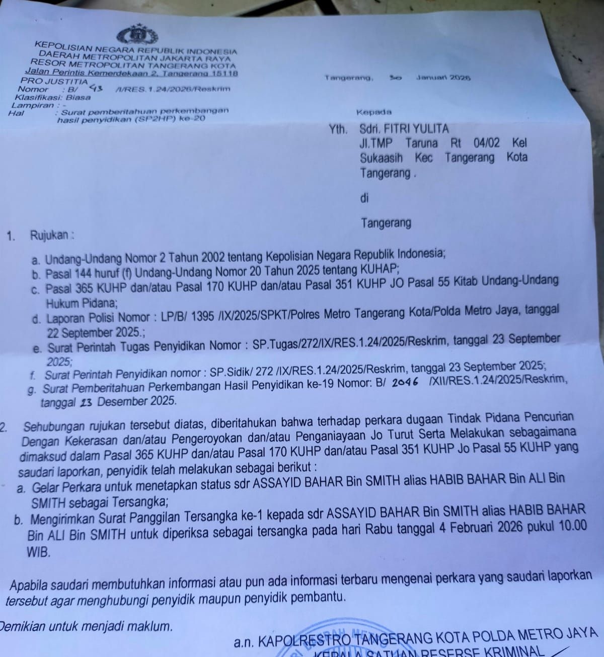 Kasus Dugaan Penganiayaan Banser di Cipondoh Kota Tangerang, Habib Bahar Resmi Berstatus Tersangka