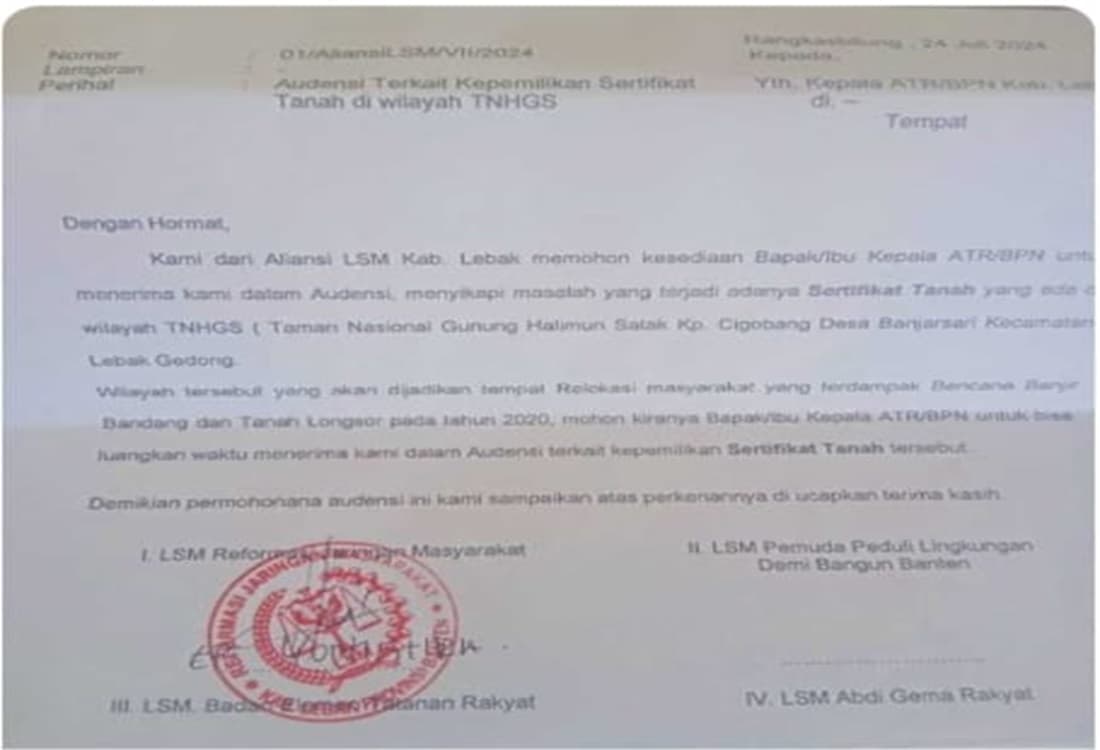 Aliansi LSM Lebak Kirim Surat Audensi Ke ATR / BPN,Terbitnya Sertifikat Lahan TNGHS