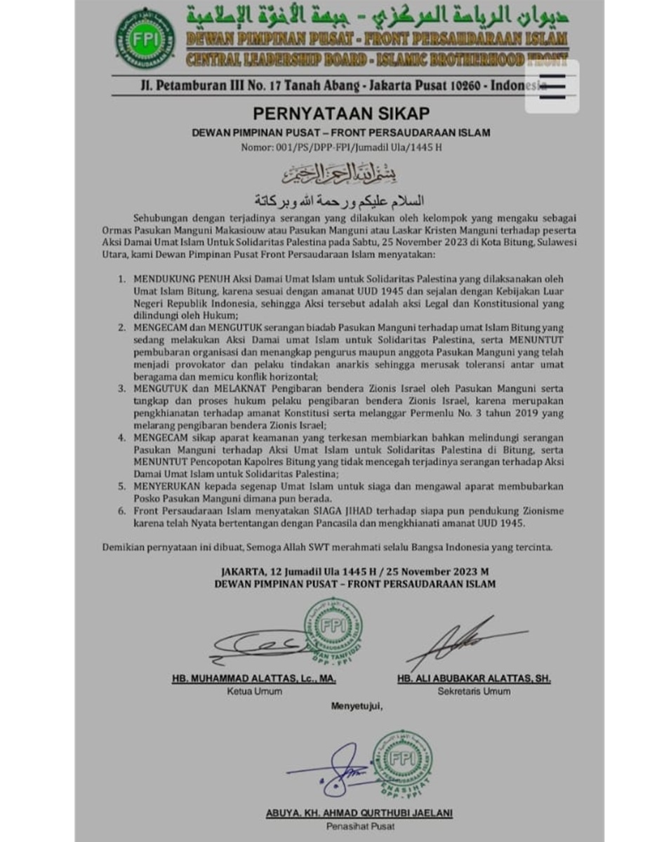 Surat Pernyataan Dewan Pimpinan Pusat Front Persaudaraan Islam, Respon Atas Kerusuhan di kota Bitung Sulut