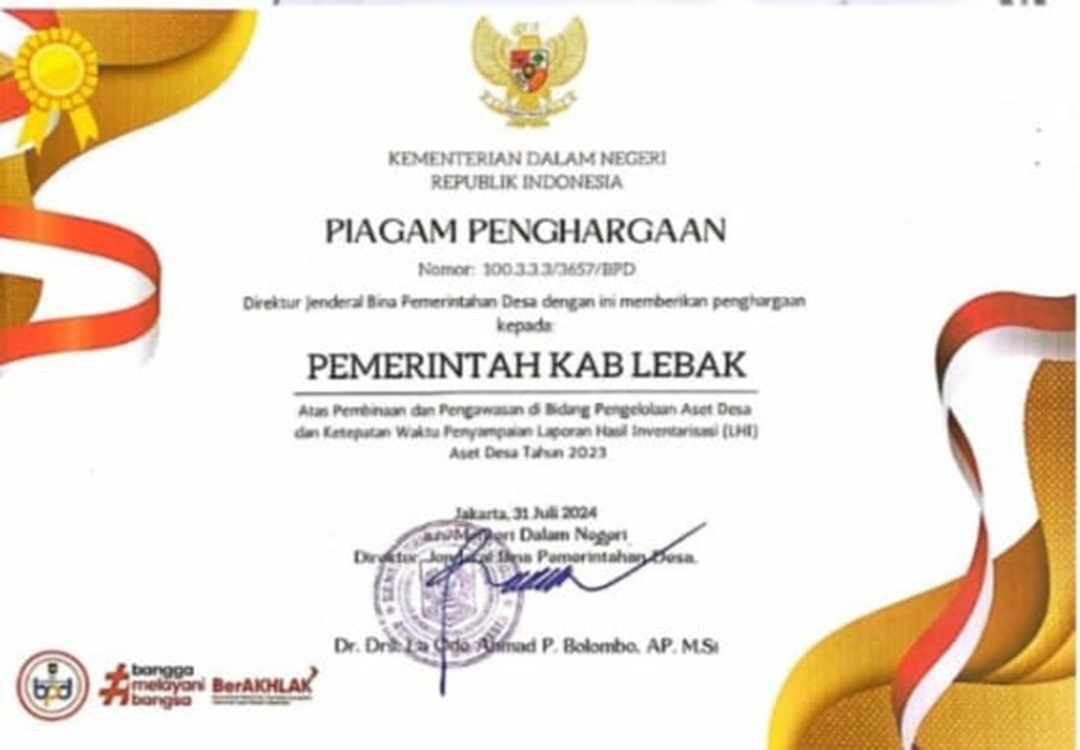Kemendagri Berikan Penghargaan Pada Pemkab Lebak, Di Bidang Pengelolaan Aset Desa Tepat Waktu