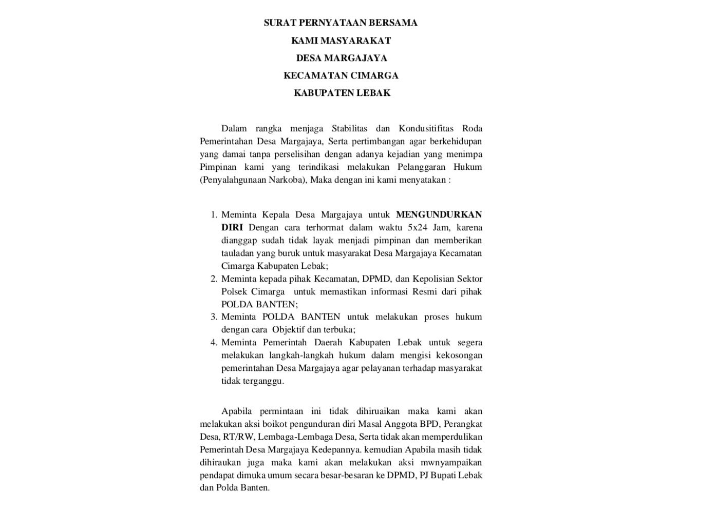 Masyarakat Desa Margajaya Ajukan Petisi Tuntut Kades Mundur, Diduga Penyalahgunaan Narkoba