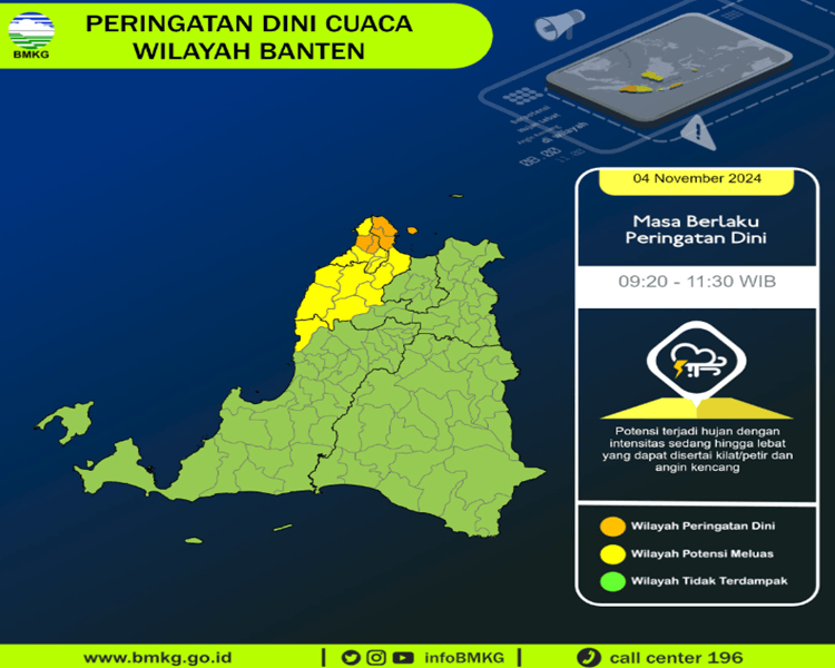 BMKG Provinsi Banten: Peringatan Dini Cuaca Berpotensi Hujan Lebat dengan Kilat dan Angin Kencang di Wilayah Cilegon dan Kab Serang
