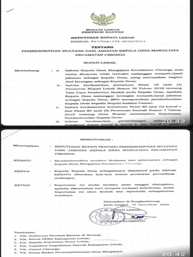 Beredarnya Surat Keputusan bupati, Kades Margajaya Dipecat, Tersandung Narkoba
