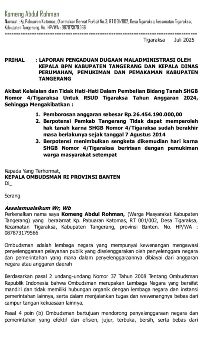 BPK Temukan Pembelian Lahan SHGB Kadaluarsa Rp 39,8 Miliar, Diduga Maladministrasi, Pembelian Lahan RSUD Tigaraksa Akan Dilaporkan ke Ombudsman