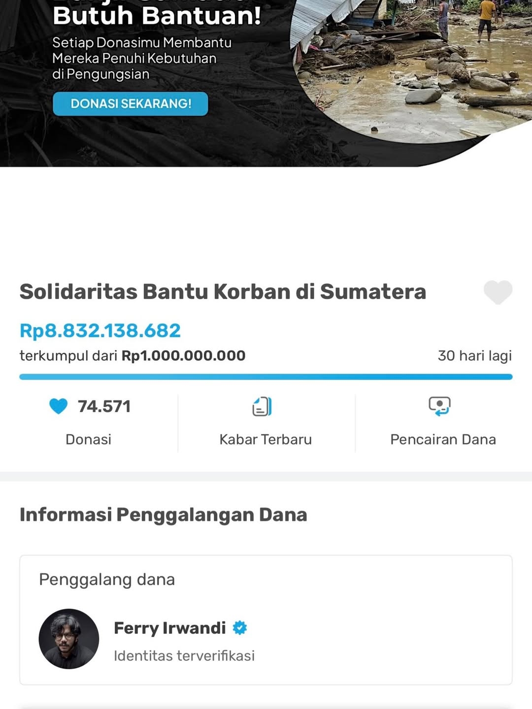 Kurang dari Satu Hari, Galang Donasi Ferry Irwandi untuk Sumatera Berhasil Terkumpul Lebih dari Rp8 Miliar